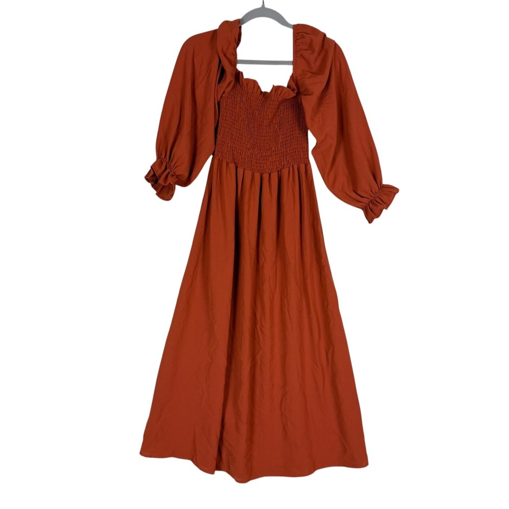 Dress Womens L Orange Smocked Square Neck Puff Sleeve Boho Midi Fit Flare Ruffle